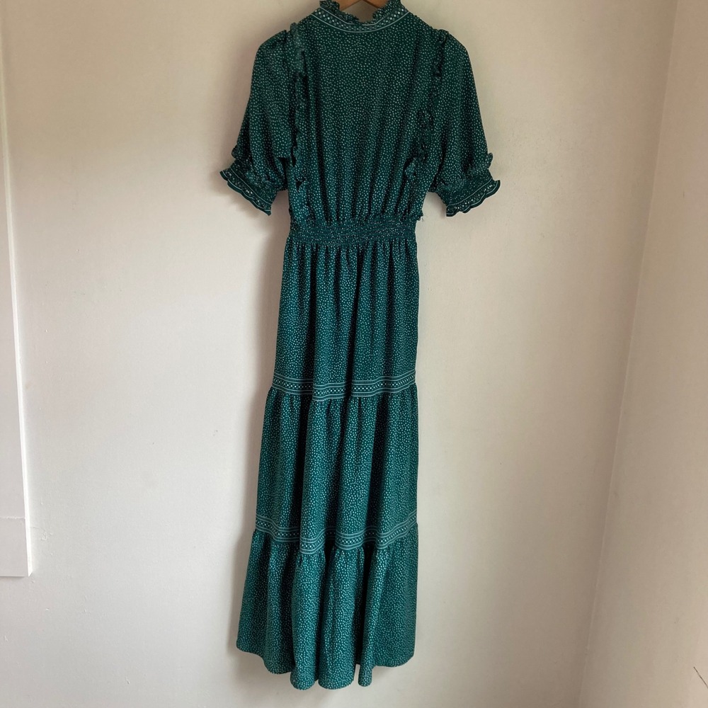 Max Studio Green Polka Dot Tiered Maxi Dress Ruffle V-Neck Smocked Waist Medium - Picture 5 of 8